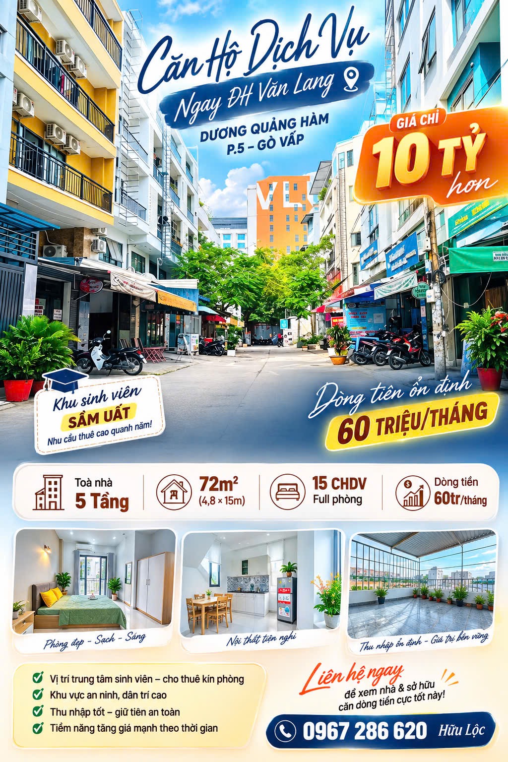 4.4❌15m, Bán Toà nhà Dương Quảng Hàm, 15CHDV, P5 Gò Vấp, 60 Tr/ Tháng
