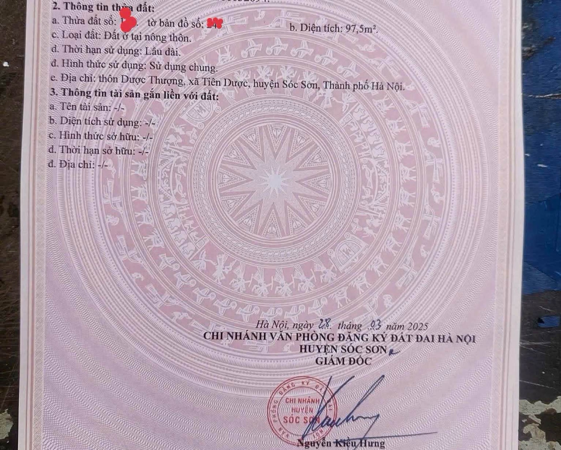 Bán đất thổ cư 97,5m² tại khu vực phát triển, pháp lý rõ ràng
