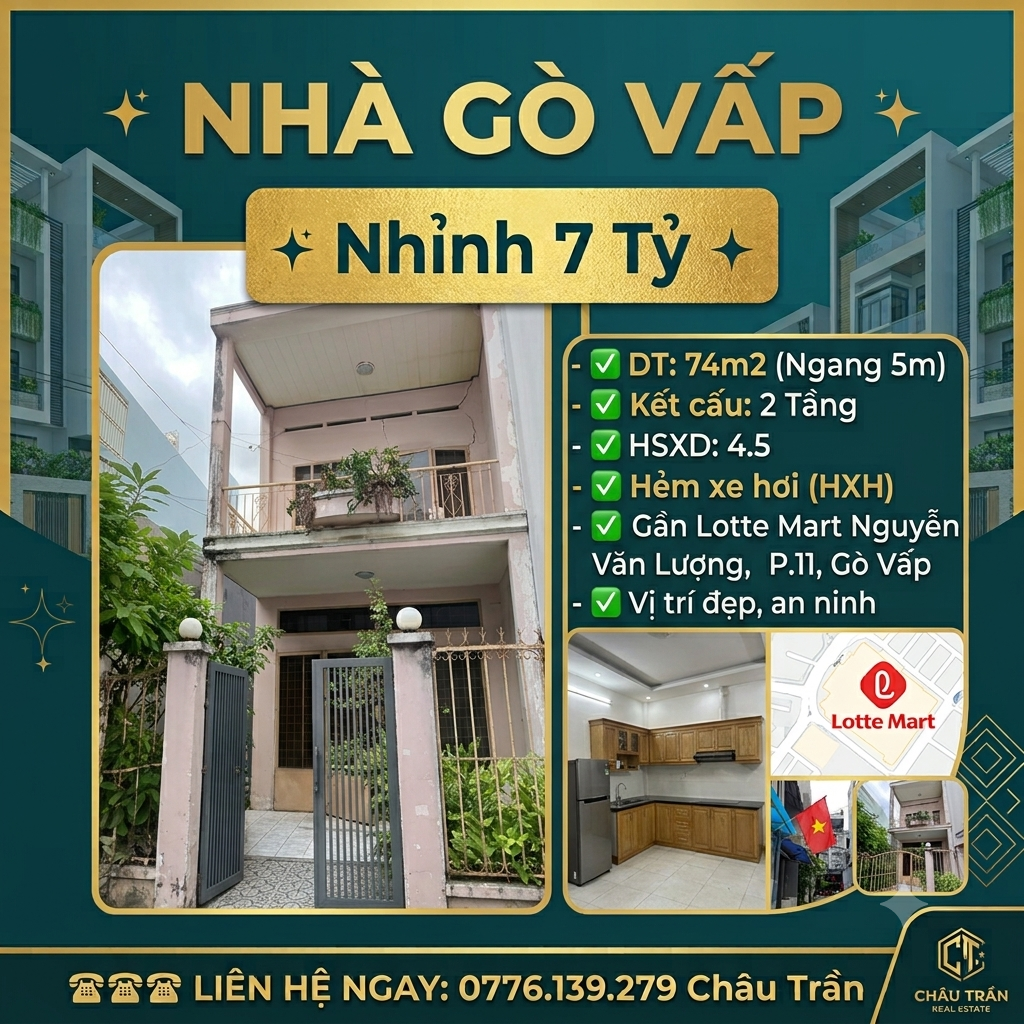 Bán nhà hẻm ô tô Thống Nhất, Gò Vấp, Kế Lotte Mart & Cityland - 74m2 Ngang 5m - 7.1 tỷ