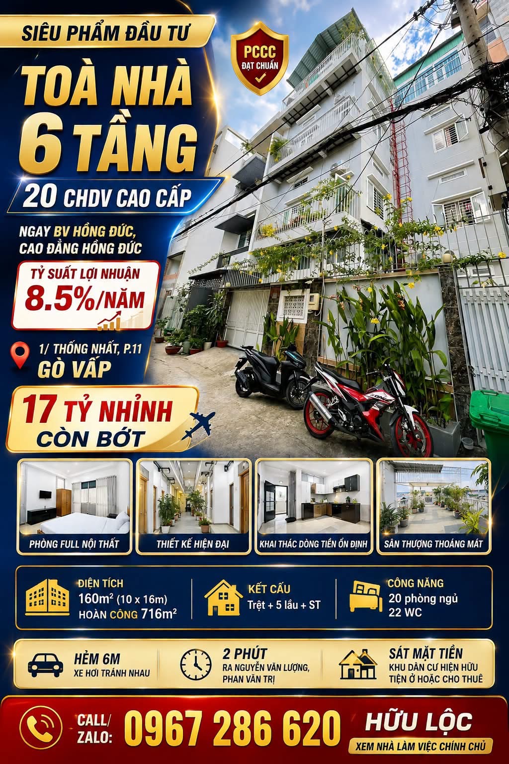 10x16m, Bán nhà 6 Tầng, 8.5%/năm, 1/ Thống Nhất, P11 Gò Vấp, 17 Tỷ