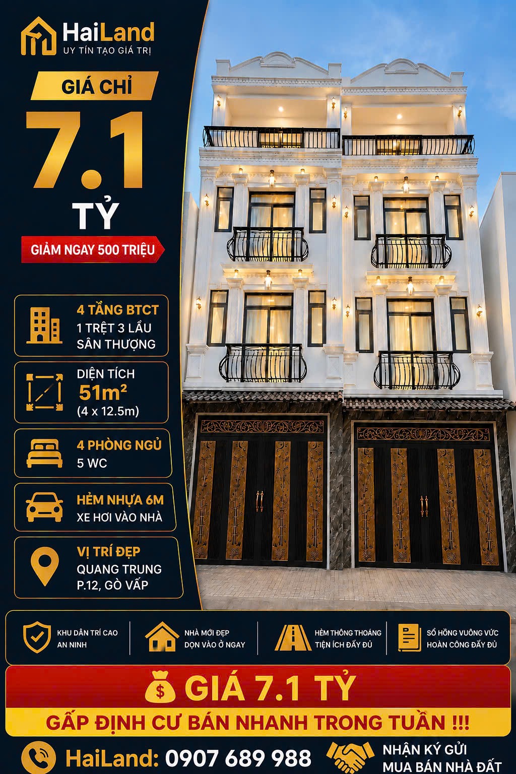 7.1 tỷ - 4 tầng, 51m² (4x12.5), 4PN - hẻm 6m xe hơi ngủ nhà Quang Trung, P12 Gò Vấp. Gần Phạm Văn B