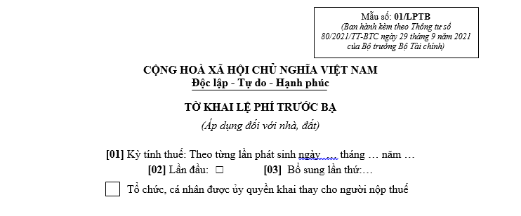 Mẫu tờ khai lệ phí trước bạ khi thực hiện giao dịch mua bán nhà đất