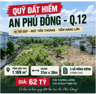 QUỸ ĐẤT HIẾM AN PHÚ ĐÔNG Q.12 – 1.169M² – NGANG 31M CHỈ 62 TỶ