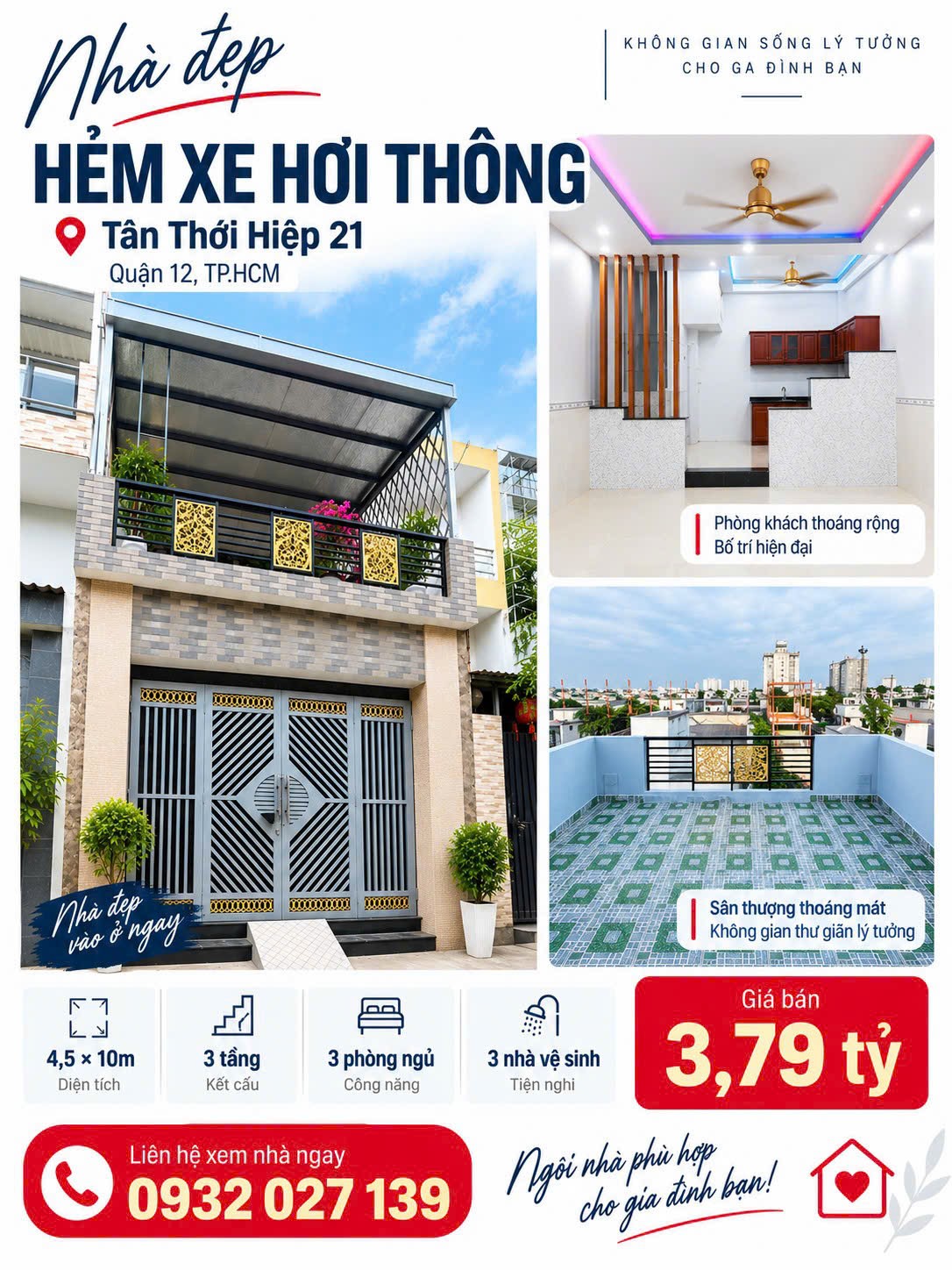 🔥 3,79 TỶ – NHÀ 3 TẦNG, 5PN – HẺM XE HƠI THÔNG