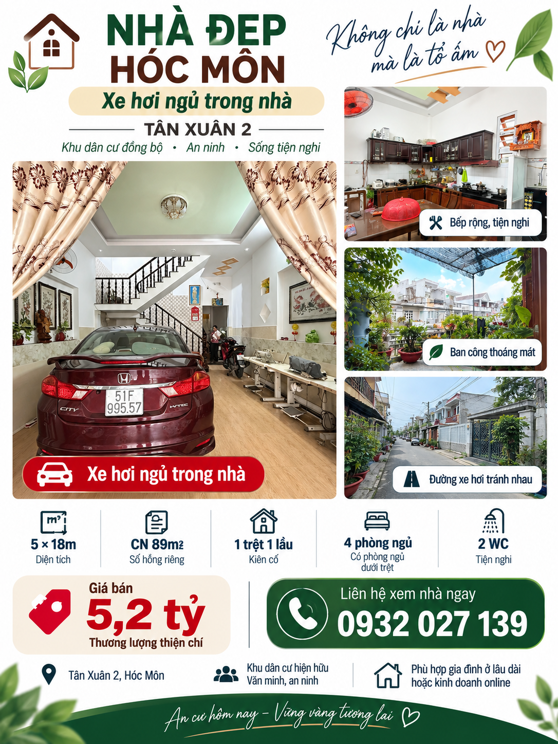 🚗 NHÀ HÓC MÔN CHỈ 5,2 TỶ – XE HƠI VÀO TẬN NHÀ