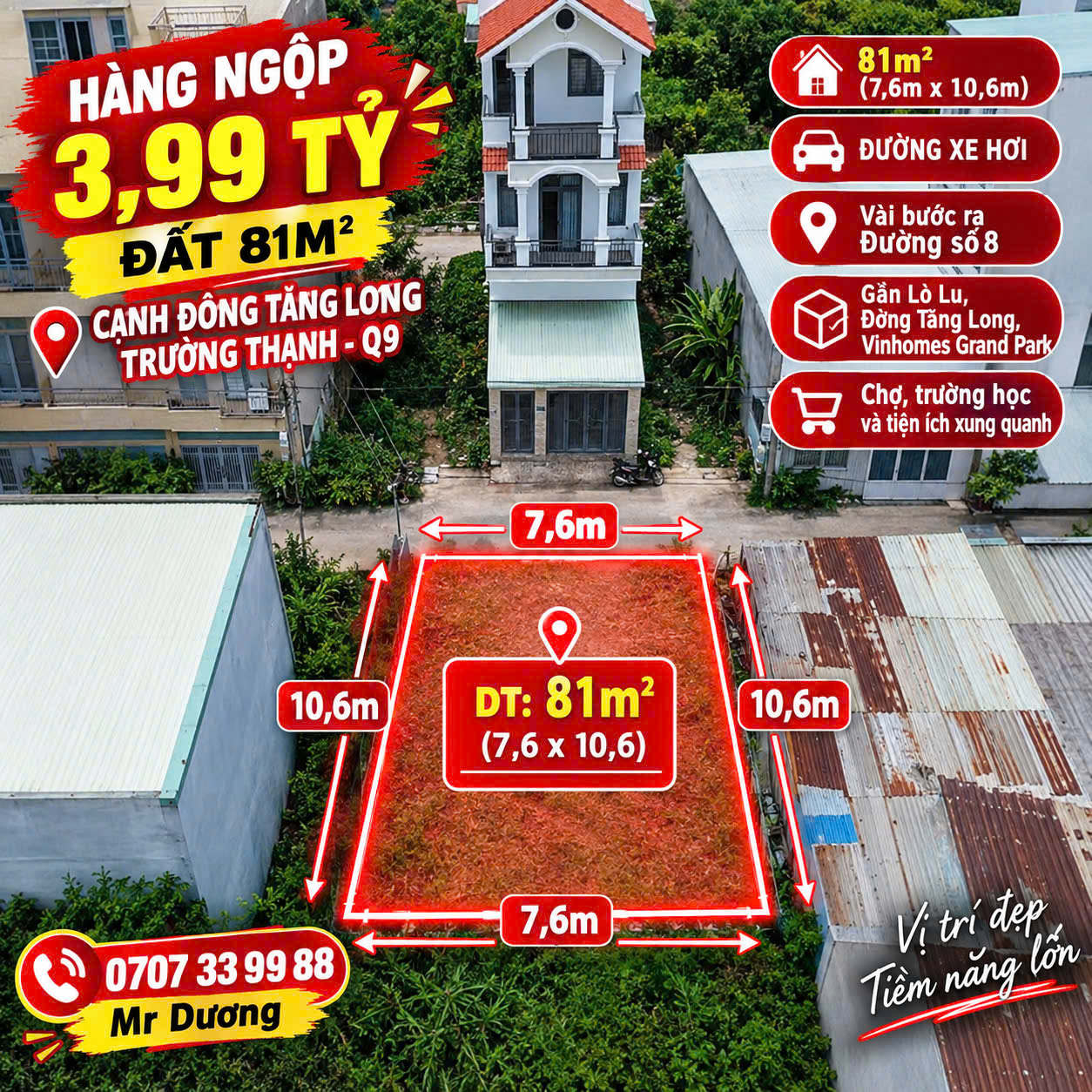 LÔ ĐẤT VUÔNG ĐẸP – 80M2 - NGANG 7,6M – XÂY CAO TẦNG – GARA Ô TÔ – LÒ LU, THỦ ĐỨC - 3,X TỶ